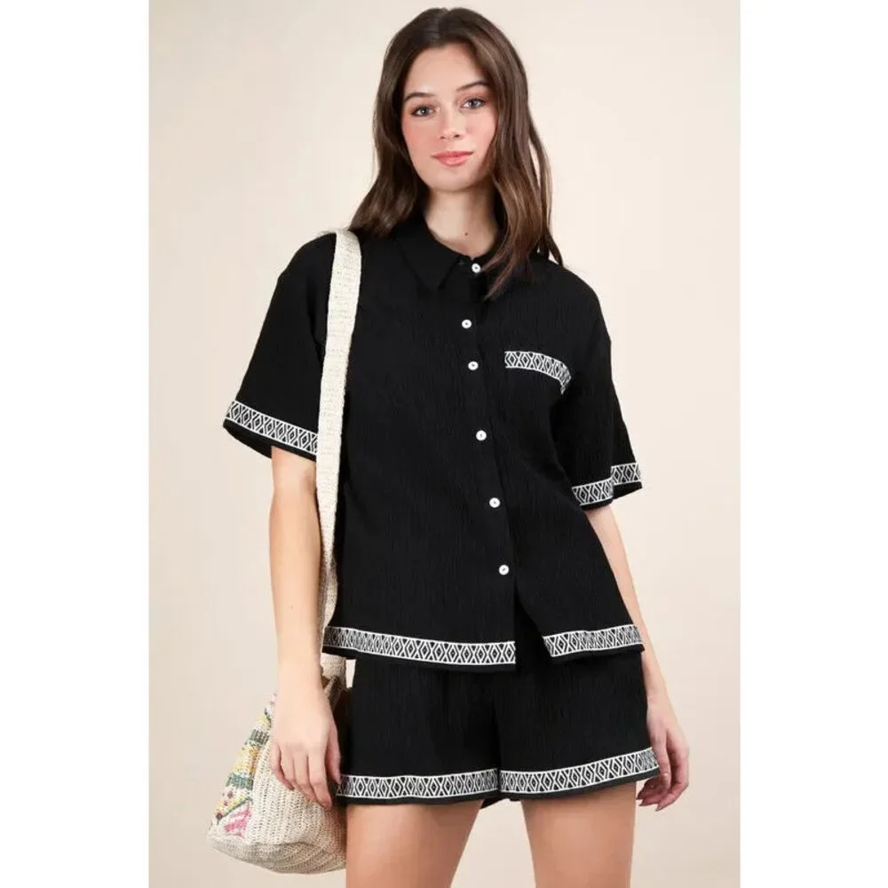 VERY J Crinkled Woven Shirt Top & Shorts Set
